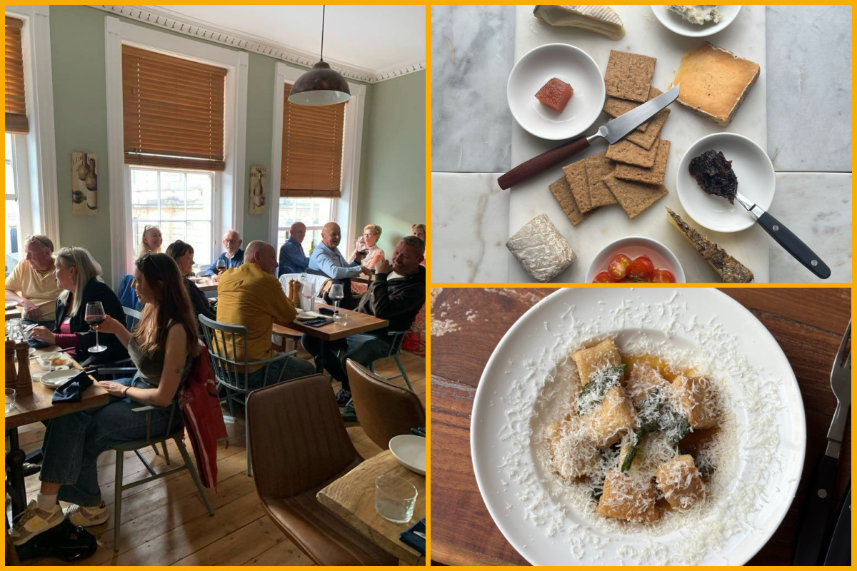 Collage of guests dining at Upstairs at The CheeseWorks and food served.